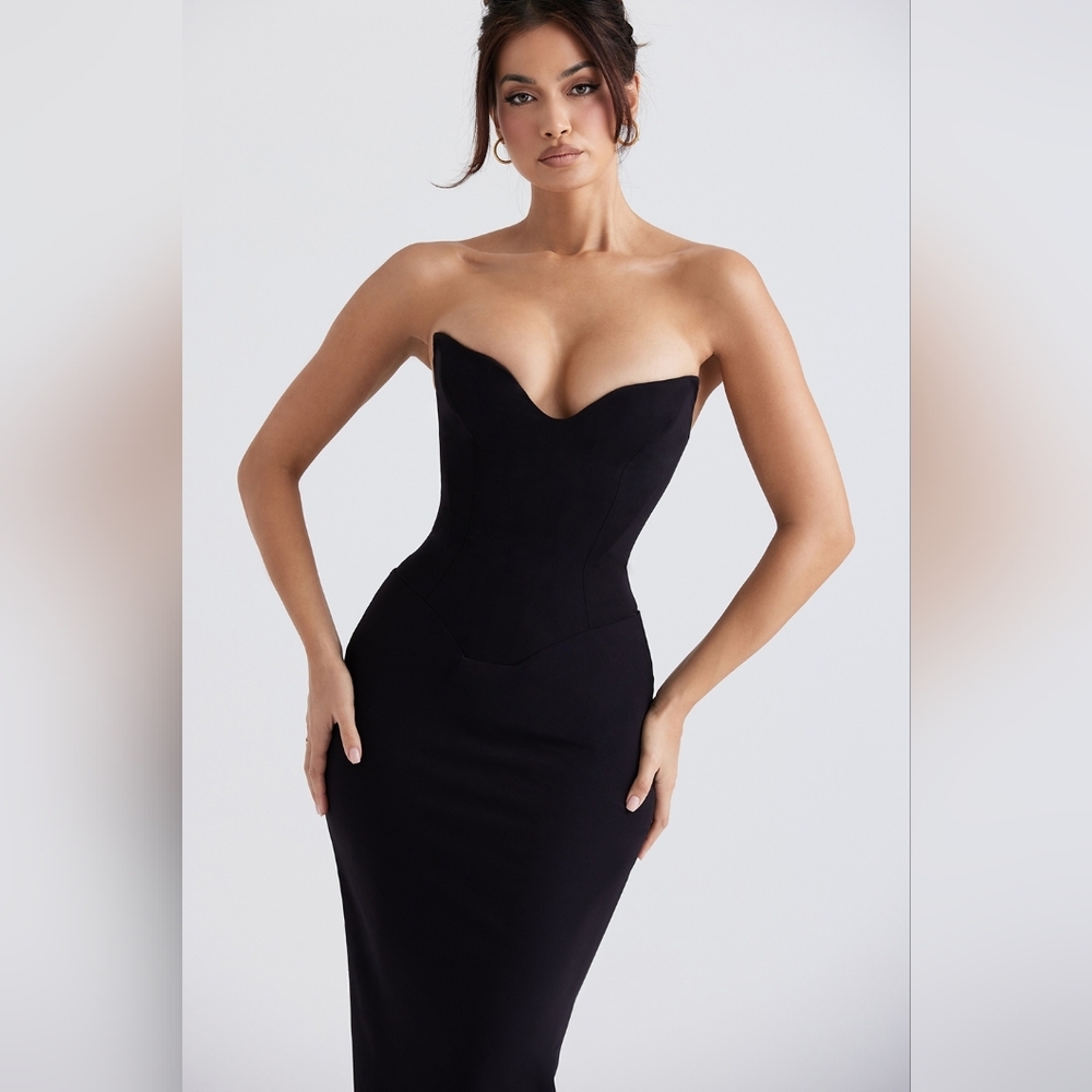 House Of CB Sabine Plunge Strapless black crepe strapless corset dress XS - Picture 3 of 8